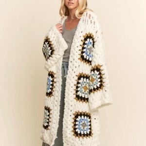 DAVI & DANI White Crochet Cardigan with Blue and Brown Accents